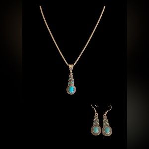 Turquoise silver necklace and earrings sapphire inlaid costume jewelry